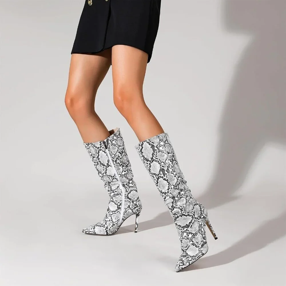 Women Snakeskin PU Knee High Exquisite Pointed Toe Fine High Heels Pleated Boots